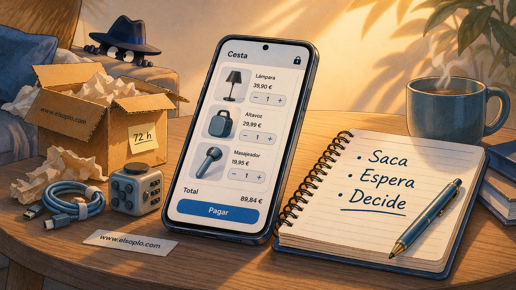 Mesa de salón con móvil y cesta de compra, paquete abierto y cuaderno con una regla de espera para enfriar compras impulsivas y decidir con más cabeza.