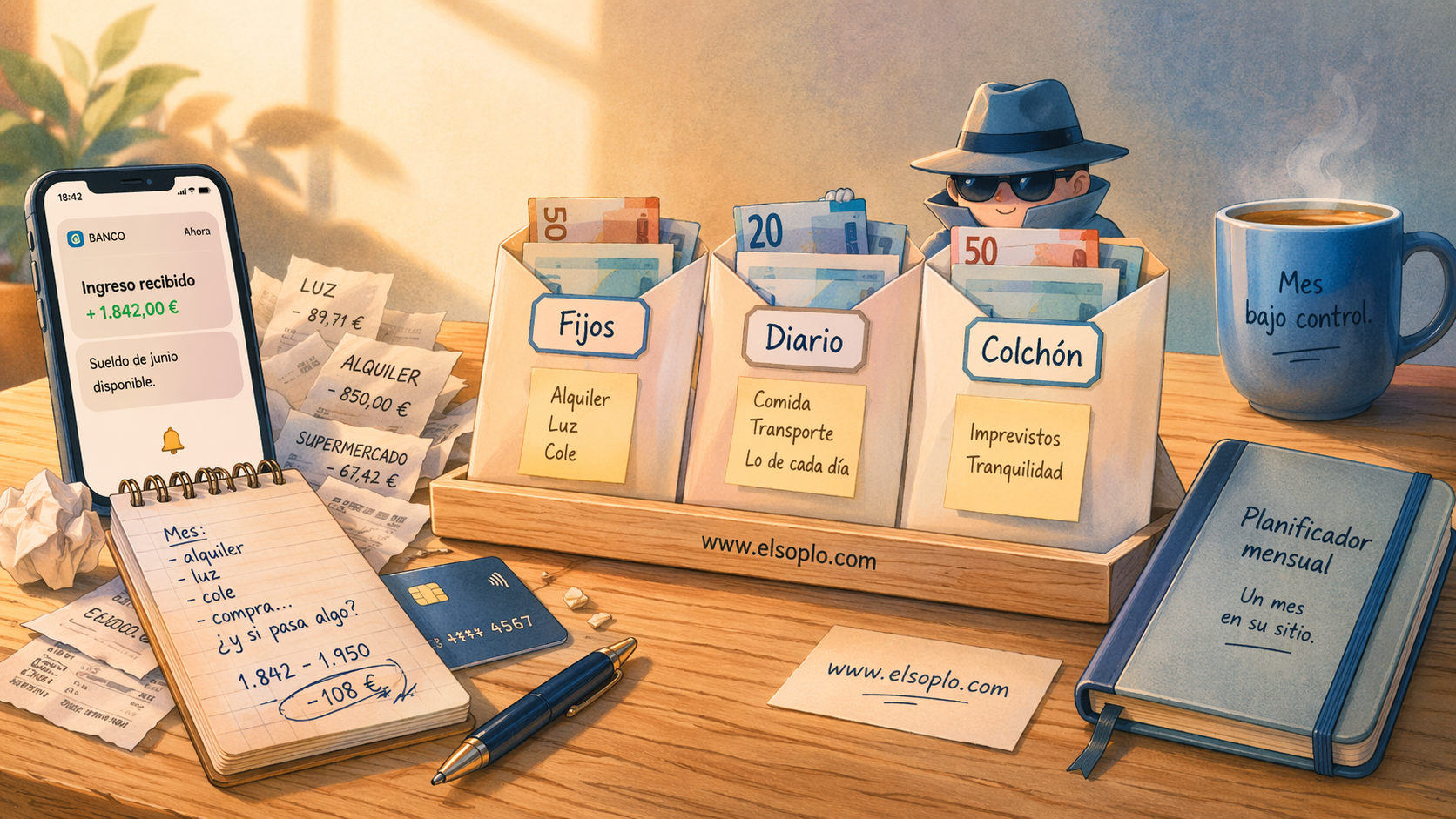 Mesa de hogar con tres sobres etiquetados Fijos, Diario y Colchón, recibos a un lado y un planificador mensual al otro, simbolizando cómo repartir el sueldo nada más cobrar para controlar mejor el mes.