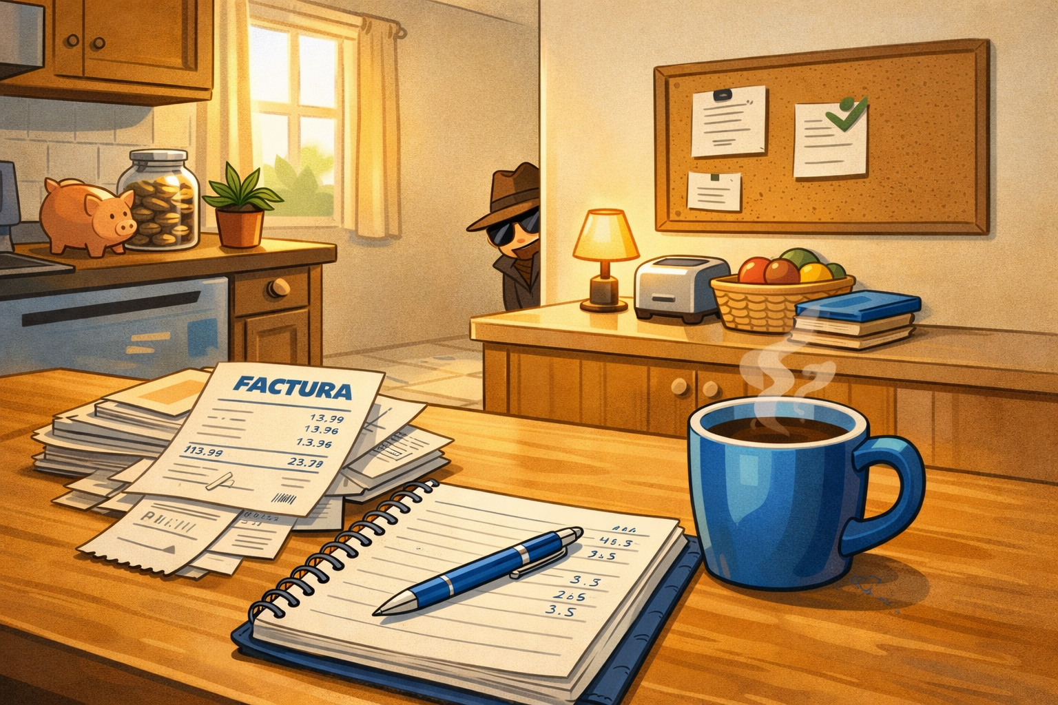 Mesa de cocina con facturas, libreta y taza de café, representando orden económico en el hogar