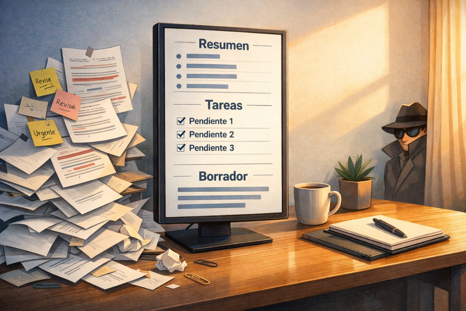 Pantalla vertical en un rincón de trabajo convirtiendo correos, notas y textos largos en un resumen claro, una lista de tareas y un borrador útil.