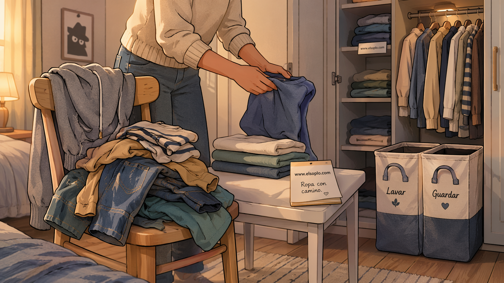 Dormitorio con una silla cargada de ropa limpia, una zona clara de plegado y un armario abierto con cesto doble visible, simbolizando cómo cerrar el circuito de la ropa y acabar con la silla-perchero.