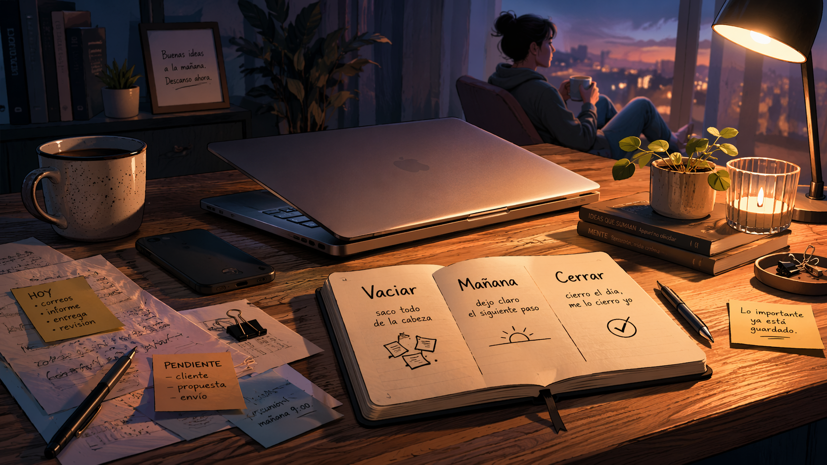 Escritorio al final del día con portátil medio cerrado y una libreta con tres pasos para cerrar la jornada, simbolizando cómo sacar el trabajo de la cabeza y recuperar la tarde.