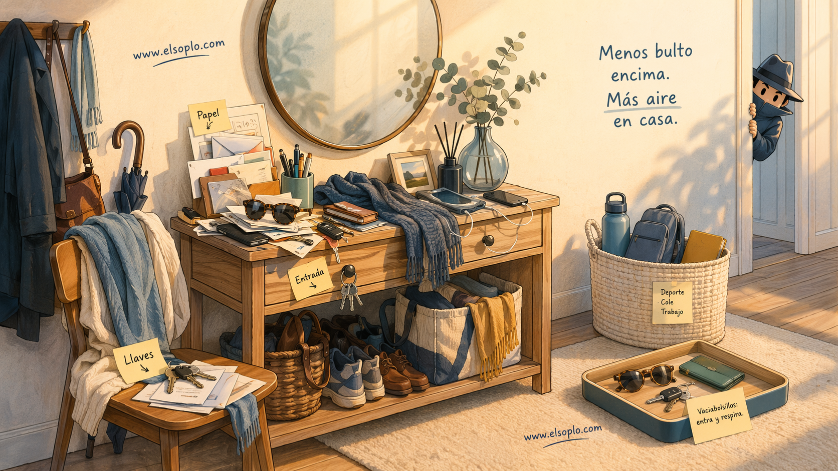 Recibidor de casa con una consola saturada de objetos y una solución de orden visible con cesta y bandeja vaciabolsillos, simbolizando cómo vaciar superficies calientes para recuperar aire y control.